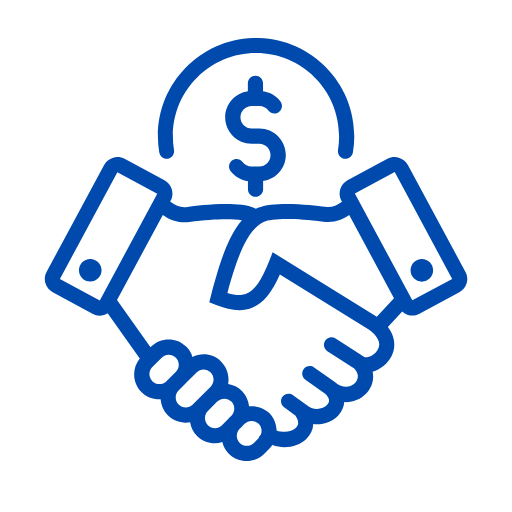 Logo of website showing two hands shaking with a dollar sign